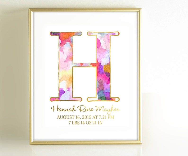 Watercolor Monogram Art Print, Personalized Girls Nursery Decor, Monogram Initial Art, Gold Office Decor, Pink Gold Nursery Wall Art image 4