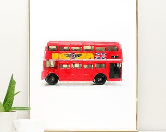 Watercolor Nursery Art Boys room decor, Double Decker Bus Print, Watercolor Painting, Car wall art print, Transportation nursery decor, red