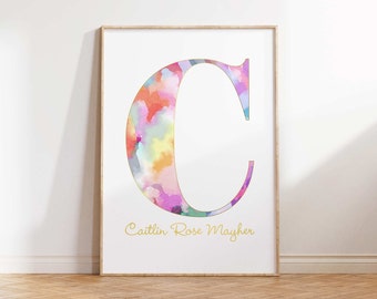 Custom Watercolor Letter Monogram, Printable Art, Initial Art, Nursery Wall Art, Personalized Girls Nursery Decor, Pink Digital Download