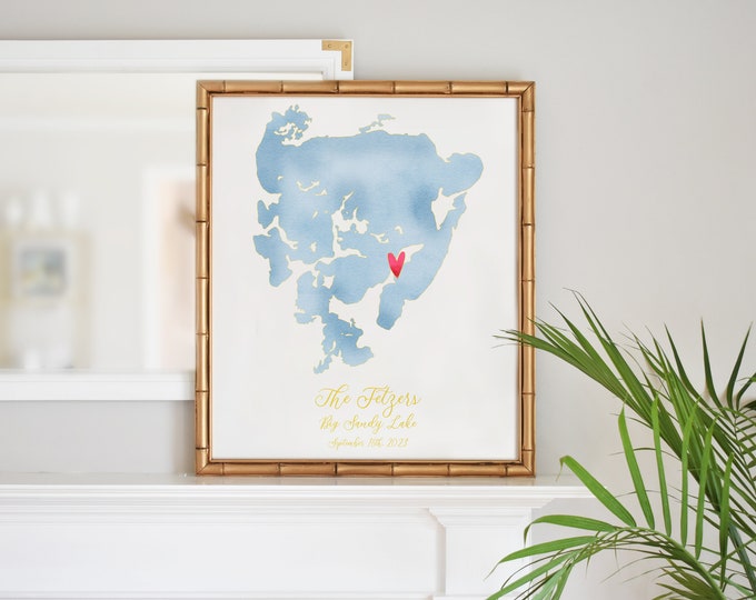 Featured listing image: Custom Lake Map Print, Personalized lake map for lake house sign, personalized nautical decor, Personalized map art Wedding Gift for couple
