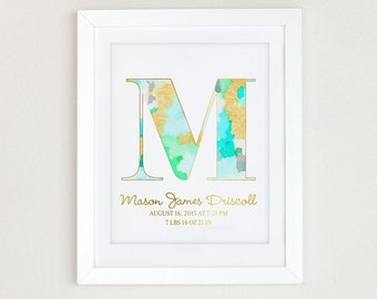 Watercolor Monogram Art Print,  Personalized Girls Nursery Decor, Monogram Initial Art, Aqua and Gold Nursery Art, Mint and gold nursery