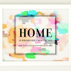 Home is wherever i'm with you, Home Quote Print, Personalized Hostess Gift, Watercolor Print, Housewarming Gift, Family Name Art, image 1