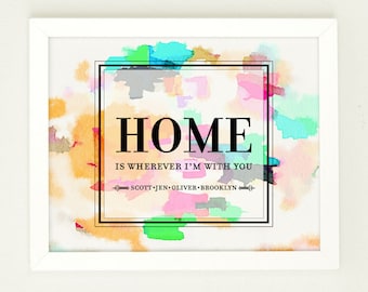 Home is wherever i'm with you, Home Quote Print, Personalized Hostess Gift, Watercolor Print, Housewarming Gift, Family Name Art,