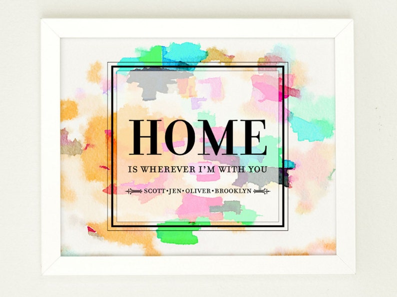 Home is wherever i'm with you, Home Quote Print, Personalized Hostess Gift, Watercolor Print, Housewarming Gift, Family Name Art, image 1