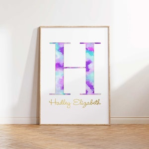 Custom Watercolor Name Print, Letter Monogram printable, Purple and Teal Nursery Decor, Girl Nursery Wall Art, Personalized Digital Download