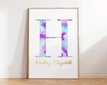 Custom Watercolor Name Print, Letter Monogram printable, Purple and Teal Nursery Decor, Girl Nursery Wall Art, Personalized Digital Download