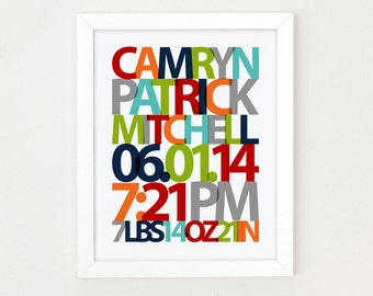 Baby Name Sign, Boy Nursery Art, Baby Birth Stats Art, Birth Stats Print, Boys Nursery Wall Art, baby gift, Nursery Decor Boy Primary Color