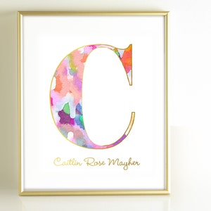 Watercolor Monogram Art Print, Personalized Girls Nursery Decor, Monogram Initial Art, Gold Office Decor, Pink Gold Nursery Wall Art image 1