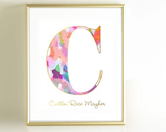 Watercolor Monogram Art Print, Personalized Girls Nursery Decor, Monogram Initial Art, Gold Office Decor, Pink Gold Nursery Wall Art