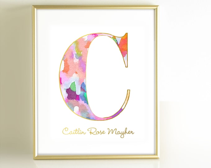 Featured listing image: Watercolor Monogram Art Print, Personalized Girls Nursery Decor, Monogram Initial Art, Gold Office Decor, Pink Gold Nursery Wall Art