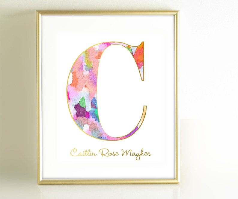 Watercolor Monogram Art Print, Personalized Girls Nursery Decor, Monogram Initial Art, Gold Office Decor, Pink Gold Nursery Wall Art image 1