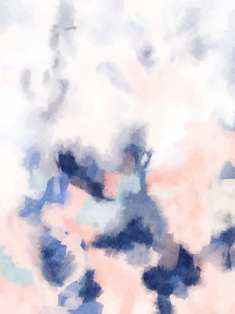 May include: Abstract watercolor painting with shades of blue, pink, and white. The colors blend together to create a soft and dreamy effect.
