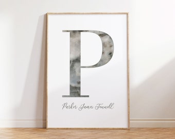 Custom Baby Name print, gray nursery, personalized nursery decor, boy nursery wall art, Printable Art, Initial print, Letter poster