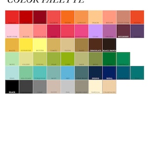 May include: A colour palette chart with 48 colour swatches, each labelled with a name. The colours are arranged in rows and columns, with the names of the colours listed below each swatch.