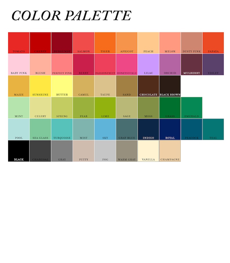 May include: A colour palette chart with 48 colour swatches, each labelled with a name. The colours are arranged in rows and columns, with the names of the colours listed below each swatch.