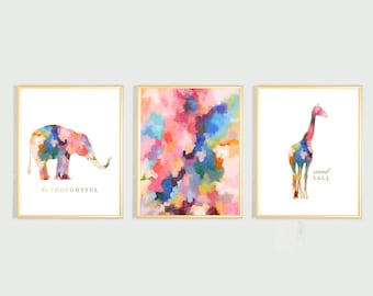 Watercolor Girl Nursery Wall Art Animal Nursery Art Girl Nursery Wall Decor Elephant Nursery Art Giraffe Print Watercolor Abstract Art Print