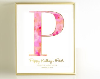 Personalized Pink Gold Nursery Wall Art Print, Girls Hot Pink Wall Decor, Bright Pink Monogram Initial Watercolor Monogram Gold Office Decor