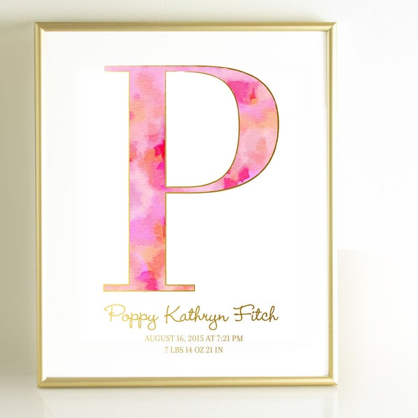 Personalized Pink Gold Nursery Wall Art Print, Girls Hot Pink Wall Decor, Bright Pink Monogram Initial Watercolor Monogram Gold Office Decor