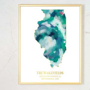 Wedding Gift for Couple, Personalized State Watercolor, Engagement Gift Illinois Map Art Watercolor Art Print Personalized Wedding Date Gift image 1