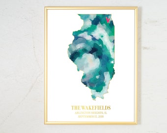 Wedding Gift for Couple, Personalized State Watercolor, Engagement Gift Illinois Map Art Watercolor Art Print Personalized Wedding Date Gift