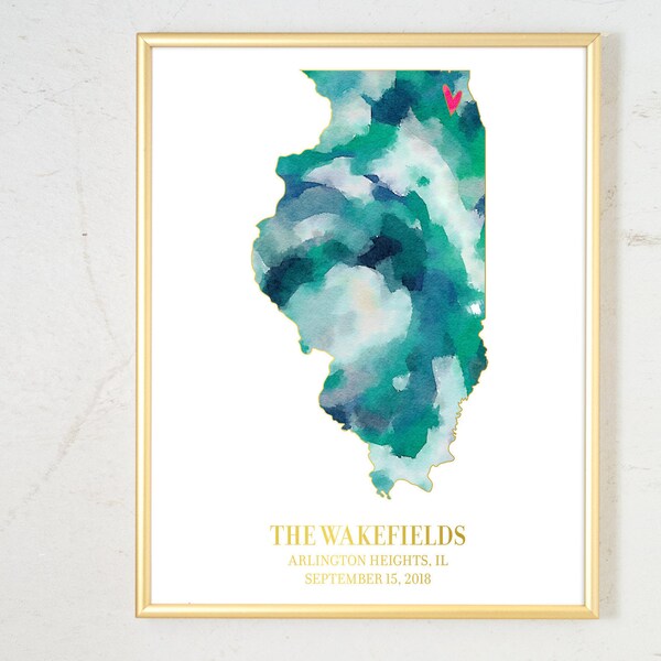 Wedding Gift for Couple, Personalized State Watercolor, Engagement Gift Illinois Map Art Watercolor Art Print Personalized Wedding Date Gift