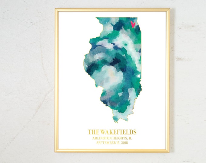 Featured listing image: Wedding Gift for Couple, Personalized State Watercolor, Engagement Gift Illinois Map Art Watercolor Art Print Personalized Wedding Date Gift