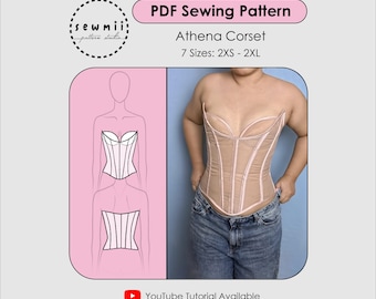 May include: A PDF sewing pattern for the Athena Corset, available in 7 sizes from 2XS to 2XL. The image displays a technical line drawing of the corset and a photograph of the garment worn over blue jeans, featuring sheer beige fabric.