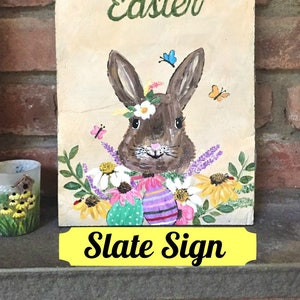 Happy Easter Sign, Painted Slate, Spring Welcome Sign, Bunny Rabbit, Spring Door Decor, Door Hanger, Easter Door Decor, Porch Welcome Sign