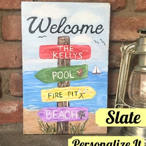 May include: A hand-painted wooden sign with a welcome message and directional arrows pointing to "The Kellys", "Pool", "Fire Pit", and "Beach". The sign is painted in a beachy style with blue sky, ocean waves, and sand.