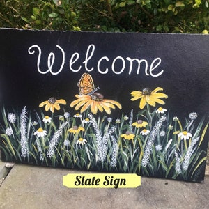 Handpainted Slate Welcome Sign, Floral Welcome Sign, Spring Door Hanger, Porch Decor, Porch Sign, Summer Door Hanger, Realtor Closing Gift