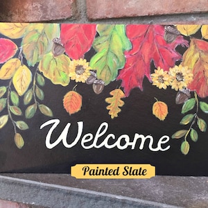 Fall Welcome Sign, Slate Sign, Fall Porch Decor, Door Sign, Autumn Leaves, Outdoor Welcome Sign, Fall Door Decor, Door Hanger, Autumn Art