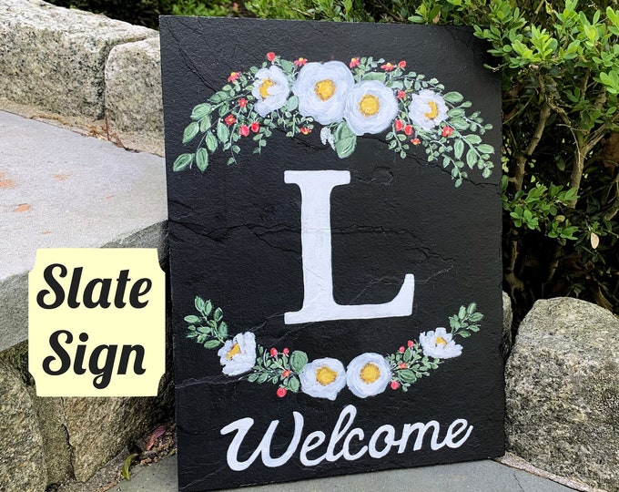 Hand-Painted Personalized Welcome Sign, Painted Slate, Initial Welcome Plaque, Door Decor, Porch Sign, Floral Welcome Sign, New Home Gift