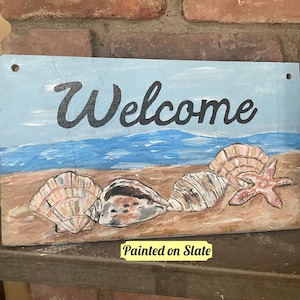 Handpainted Seashells Welcome Sign: Slate Beach House Decor, Summer Door Decor, Beach Decor, Porch Decor, Beach Lover Gift, Beach House Sign
