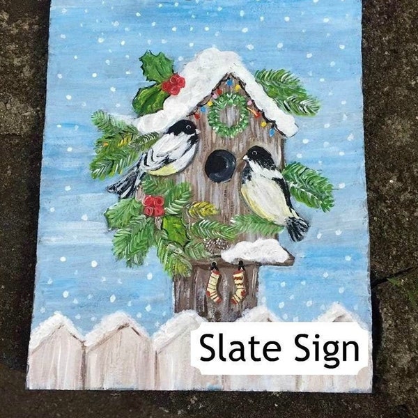 Winter Welcome Sign, Birds in Snow, Painted Slate, Christmas Sign, Outdoor Sign, Winter Porch Decor, Birdhouse Decor, Front Door Decor