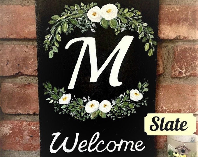 Hand-Painted Personalized Welcome Sign, Painted Slate, Initial Welcome Plaque, Door Decor, Porch Sign, Wedding Gifts, New Home Gift