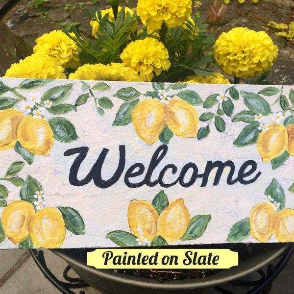 Handpainted Lemon Welcome Sign, Summer Welcome Sign, Painted Slate, Porch Decor, Front Door Decor, Welcome Plaque, Lemon Decor