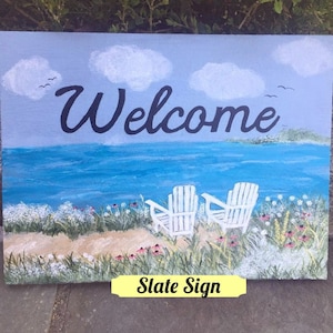 Hand-Painted Slate Welcome Sign: Beach House Decor, Summer Porch Decor, Outdoor Welcome Sign, Beach Lover Gift, Beach House Sign