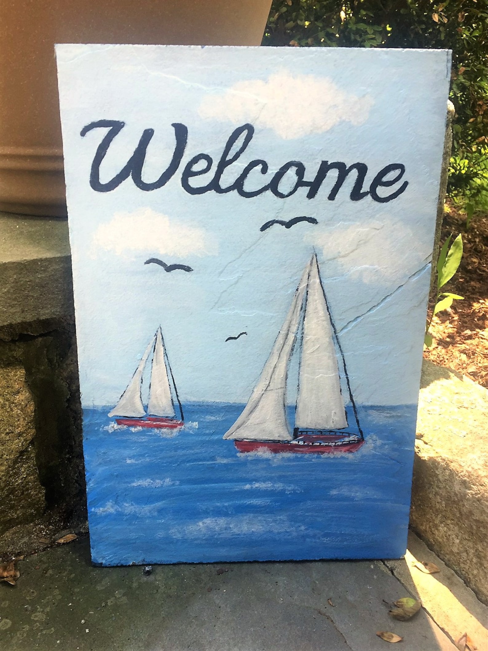 Summer Welcome Sign Painted Slate Sailboat Art Porch Sign | Etsy