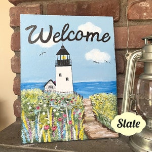 Handpainted Lighthouse Welcome Sign, Painted Slate, Door Hanger, Beach House Decor, Door Decor, Summer Welcome Sign, Porch Sign, Beach Lover