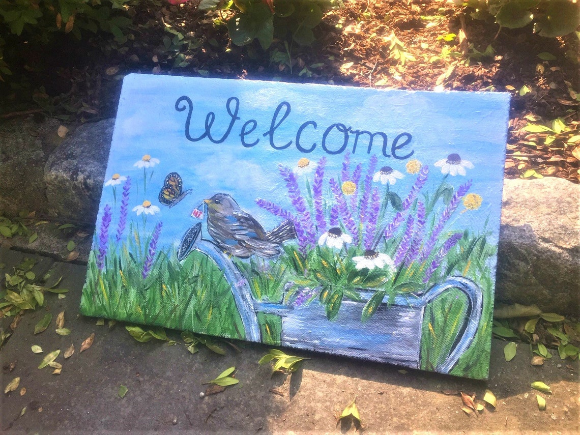 Spring Welcome Sign Painted Slate Front Door Hanger Porch | Etsy