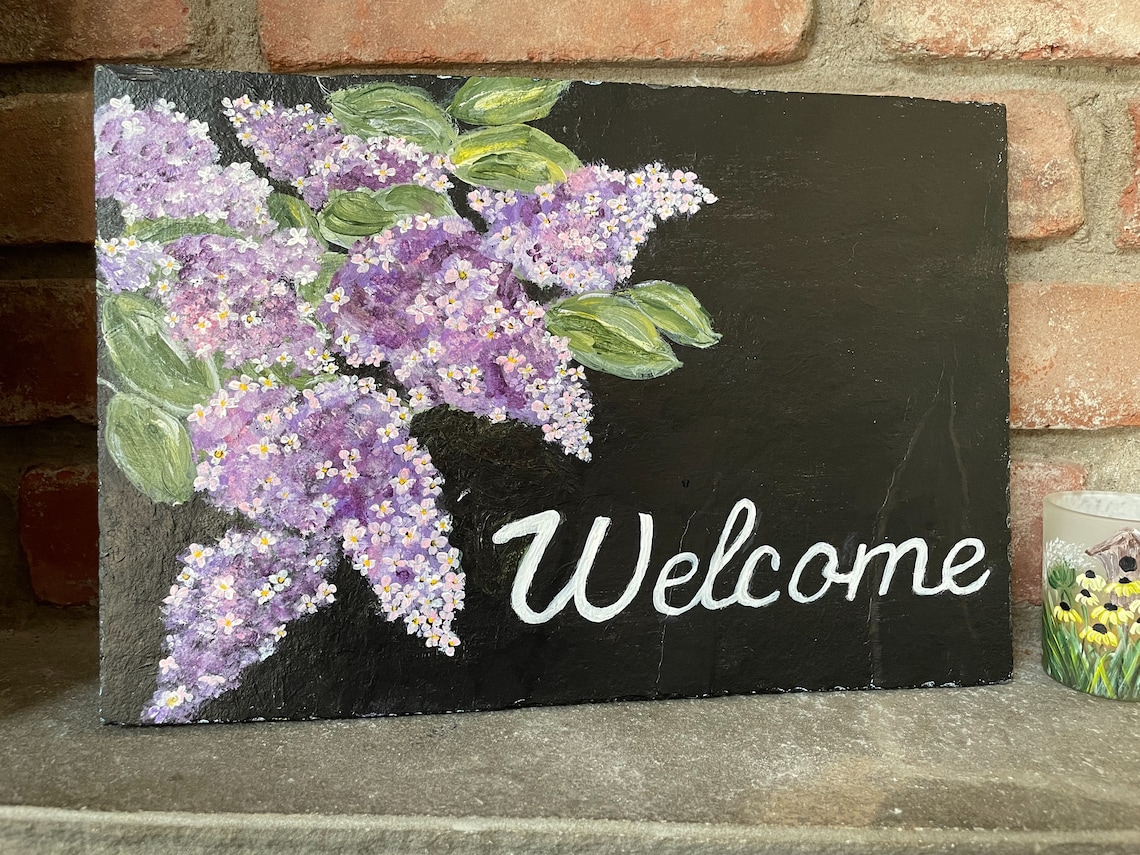 Floral Slate Welcome Sign Painted Slate Lilacs Spring | Etsy