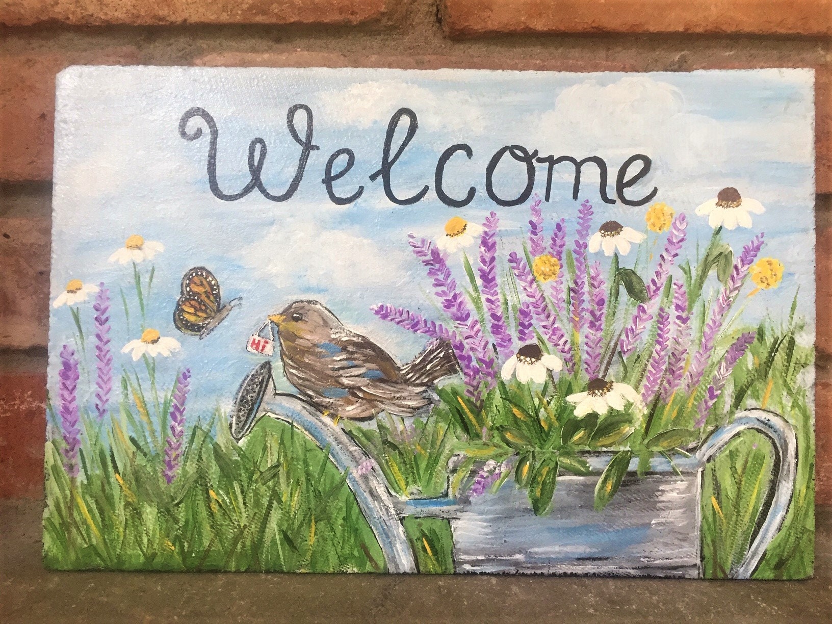 Spring Welcome Sign, Painted Slate, Front Door Hanger, Garden Sign ...