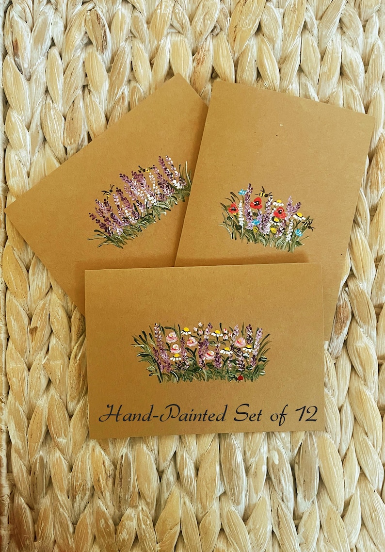 Hand-Painted Floral Blank Card, Kraft Paper Cards, Rustic Cards, Blank Card Set, Wildflower Note Cards, All Occasion Cards, Thank You Card image 1