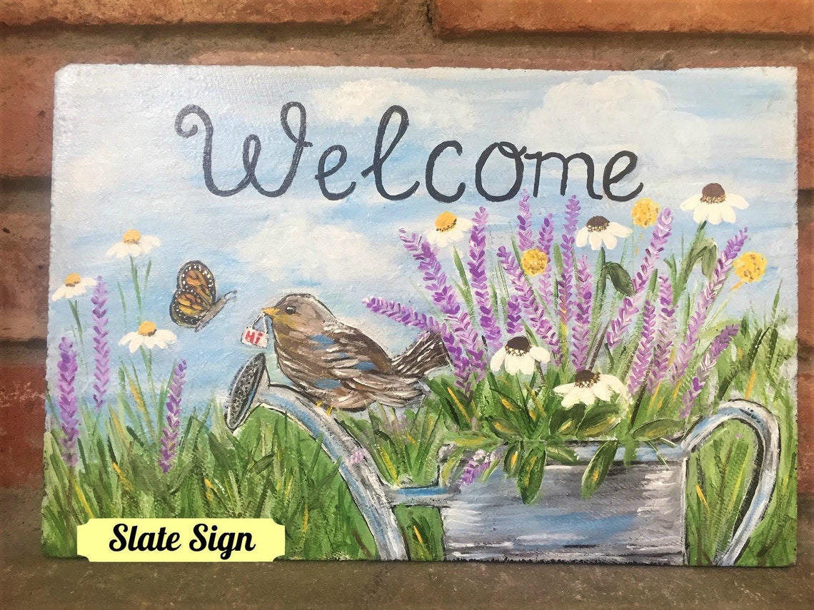 Spring Welcome Sign, Painted Slate, Front Door Hanger, Garden Sign ...