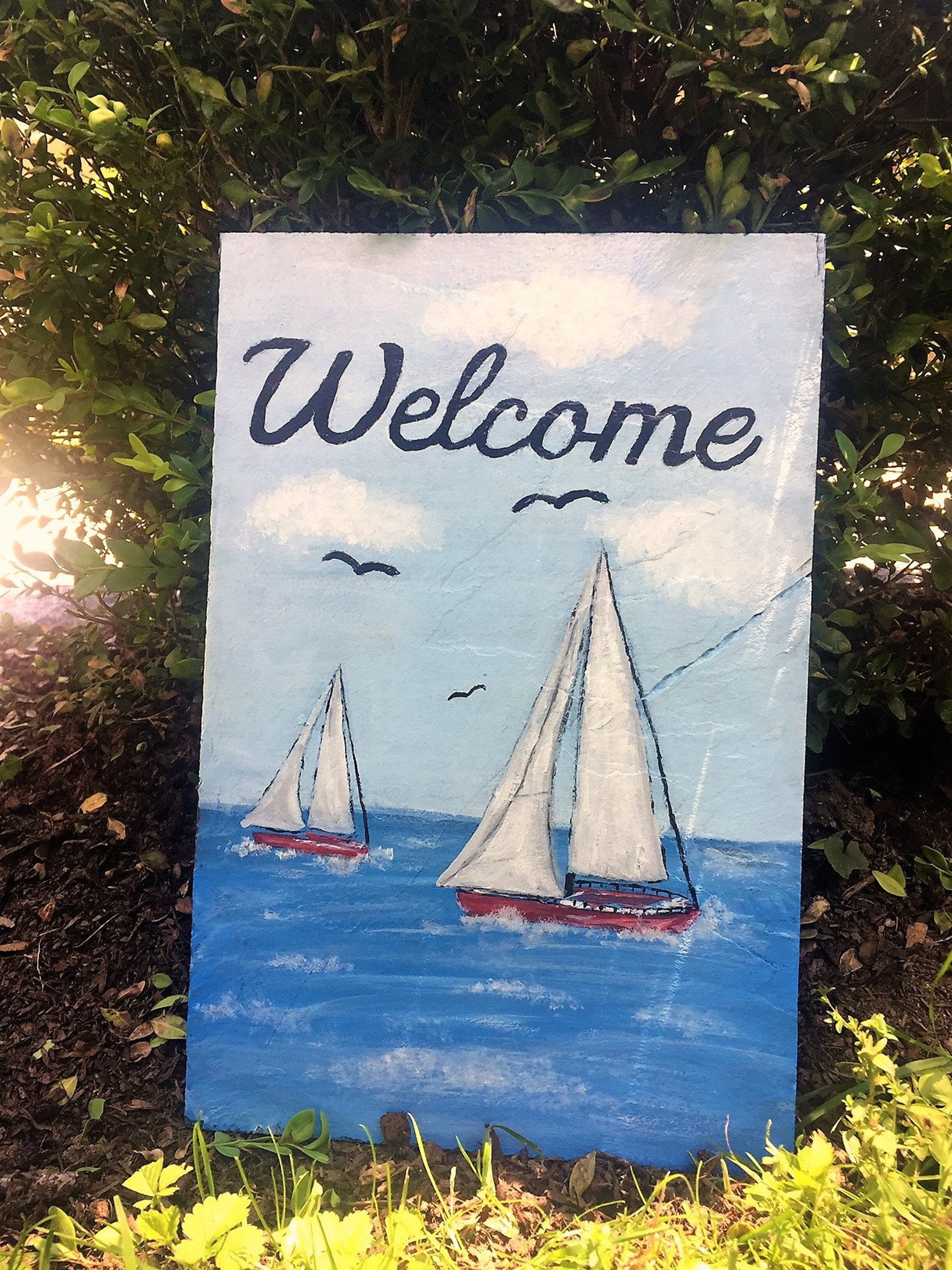 Summer Welcome Sign Painted Slate Sailboat Art Porch Sign | Etsy