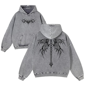 Y2K Gothic Angel Wing Vintage Washed Hoodie Oversized Dark Streetwear image 2