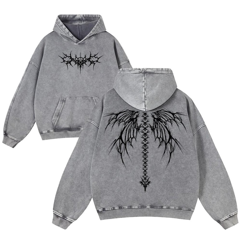 Y2K Gothic Angel Wing Vintage Washed Hoodie Oversized Dark Streetwear image 2
