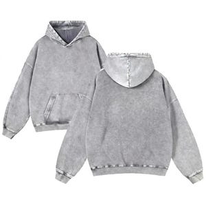 May include: Two grey hoodies with a washed-out effect are shown. The hoodies have a front pocket and a hood. The fabric has a textured appearance. The hoodies are casual wear.