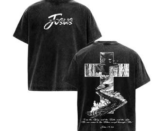 Camiseta cristiana vintage lavada de gran tamaño con la cruz de Jesús