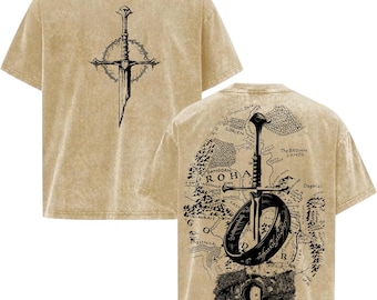 Dark Fantasy Sword Ring Vintage Washed Oversized Tee